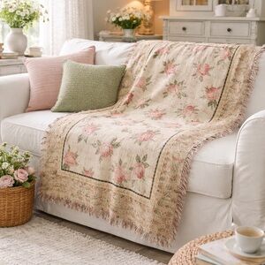 Vintage Annie Danielson Floral Woven Blanket - Cream Pink Green Cottage Granny